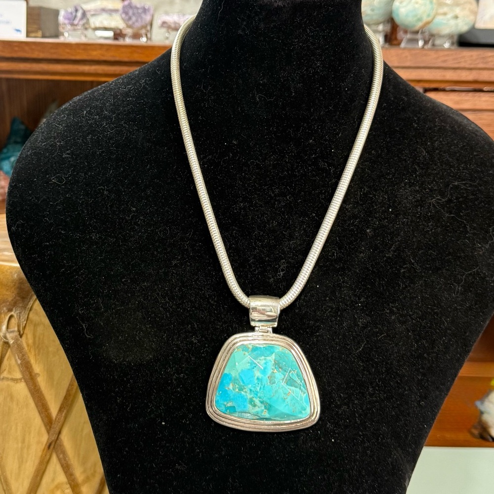 Stunning BlueTurquoise and Sterling Silver Geometric Pendant Necklace
